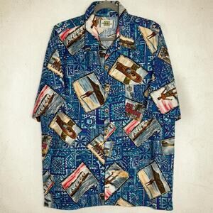 Vintage 90s Duke Kahanamoku Hawaiian Shirt Size M Surf Postcard Print Blue Aloha
